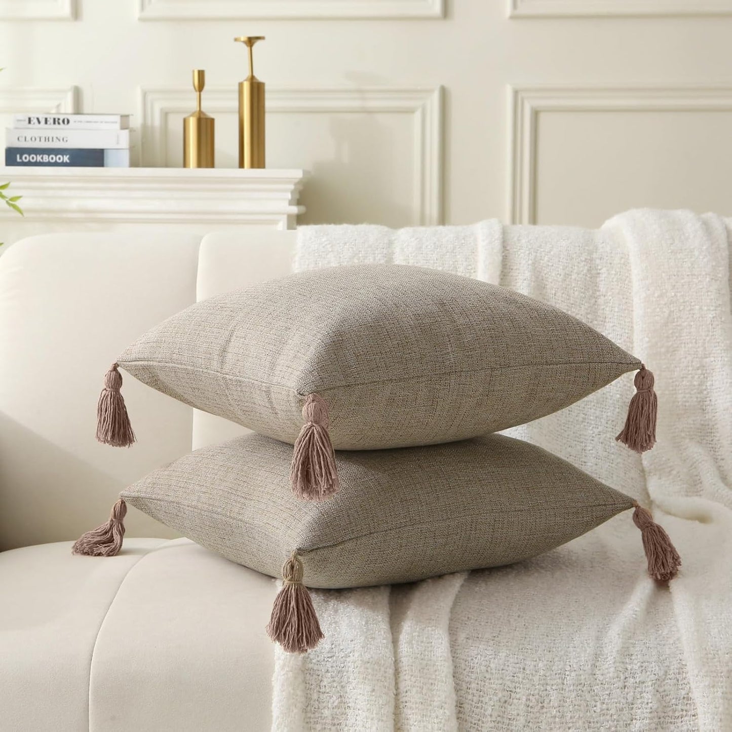 Farmhouse Neutral Throw Pillows with Tassels - Pack of 2