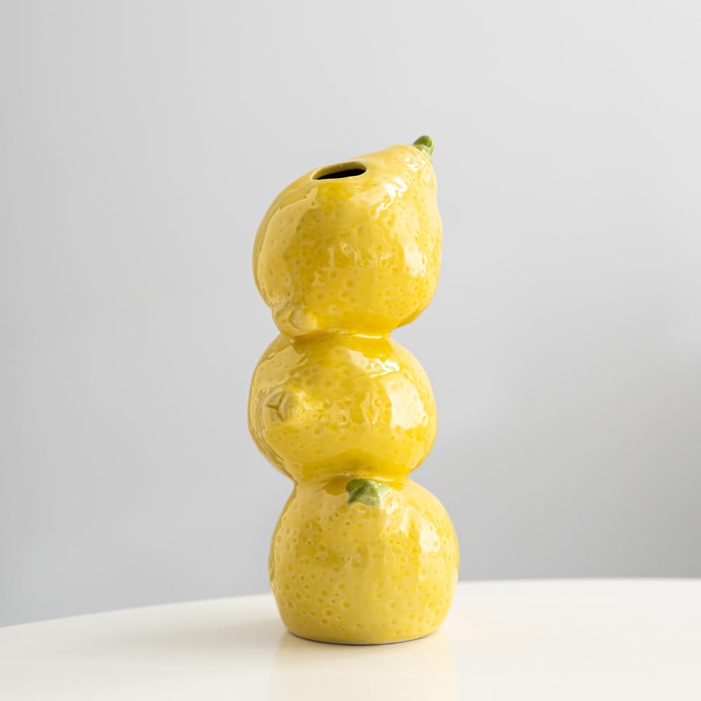 Yellow Ceramic Vase with Lemon Design
