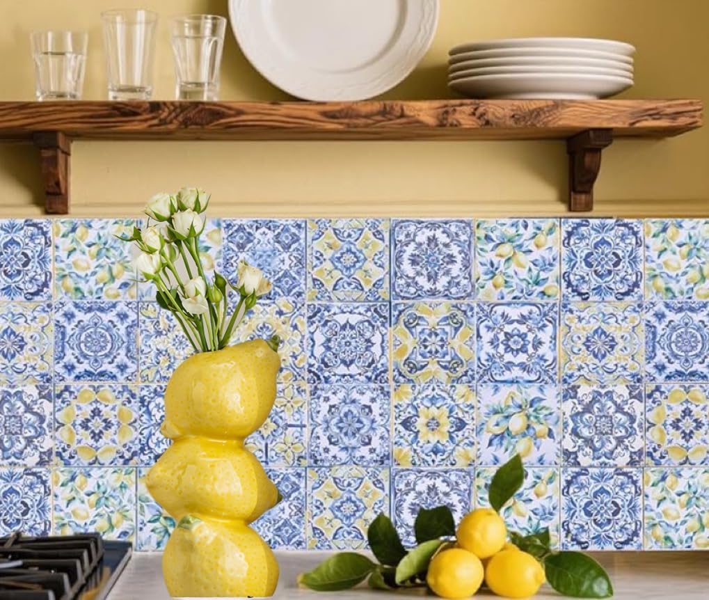 Yellow Ceramic Vase with Lemon Design