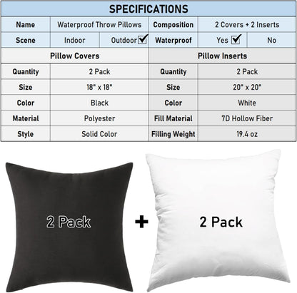 Black Outdoor Waterproof Pillows with Inserts - Pack of 2
