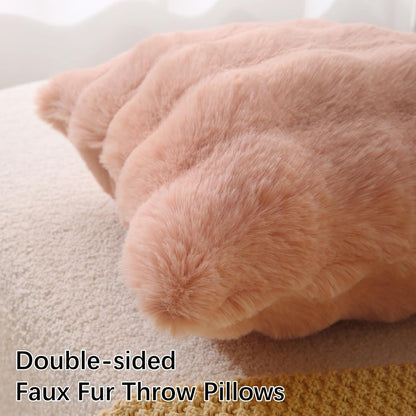 Faux Fur Square Boho Medium Plaid Pink Throw Pillows - Set of 2