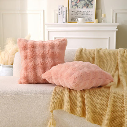 Faux Fur Square Boho Medium Plaid Pink Throw Pillows - Set of 2
