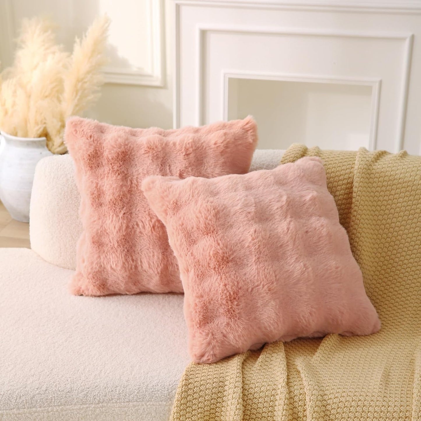 Faux Fur Square Boho Medium Plaid Pink Throw Pillows - Set of 2