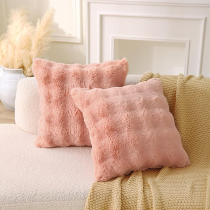 Faux Fur Square Boho Medium Plaid Pink Throw Pillows - Set of 2