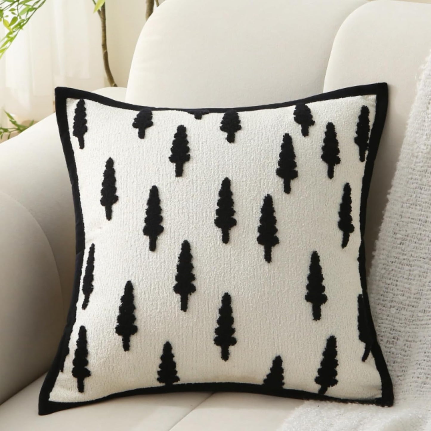 Boho Soft Tufted Modern Chenille Throw Pillow - Black & White Tree
