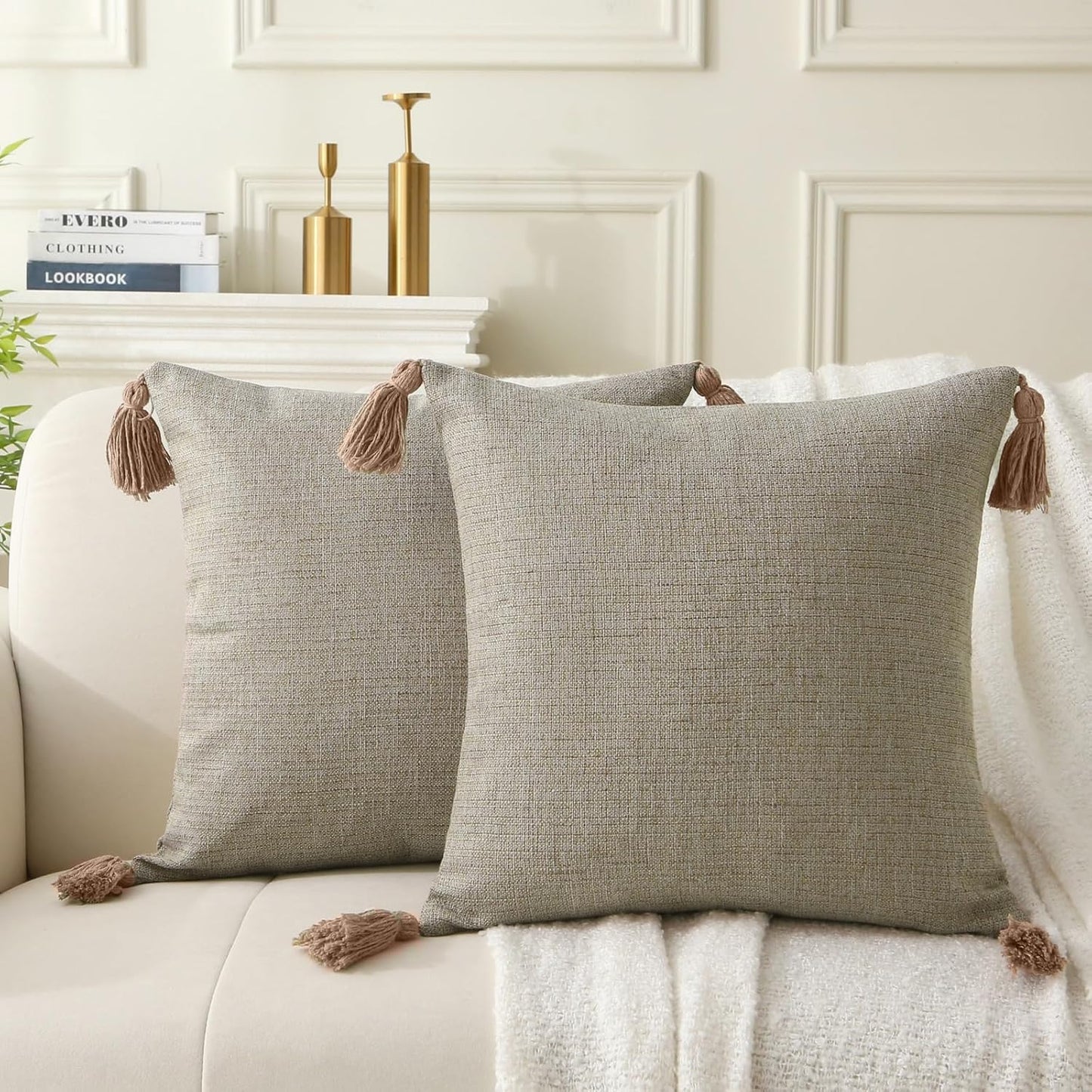 Farmhouse Neutral Throw Pillows with Tassels - Pack of 2