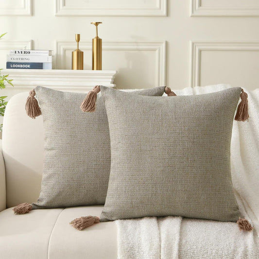 Farmhouse Neutral Throw Pillows with Tassels - Pack of 2