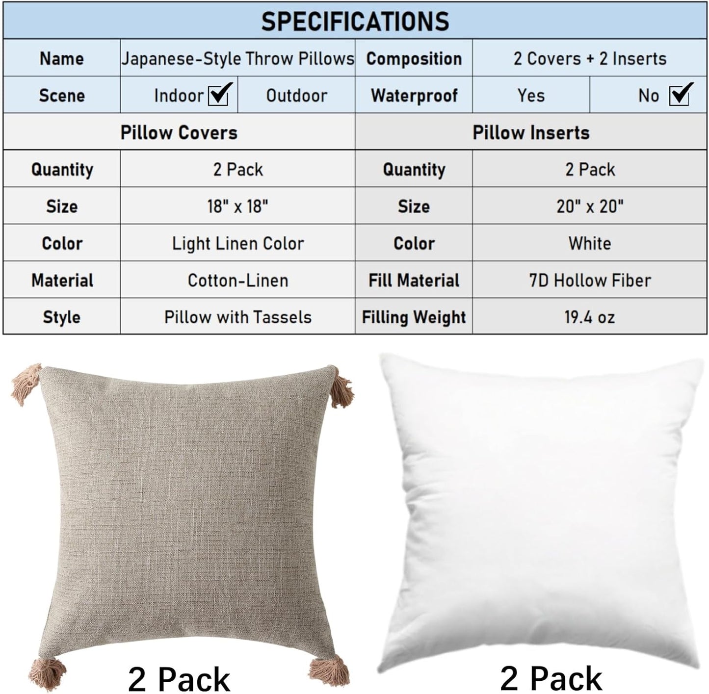 Farmhouse Neutral Throw Pillows with Tassels - Pack of 2
