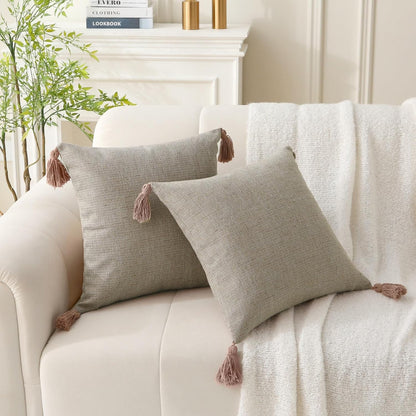 Farmhouse Neutral Throw Pillows with Tassels - Pack of 2