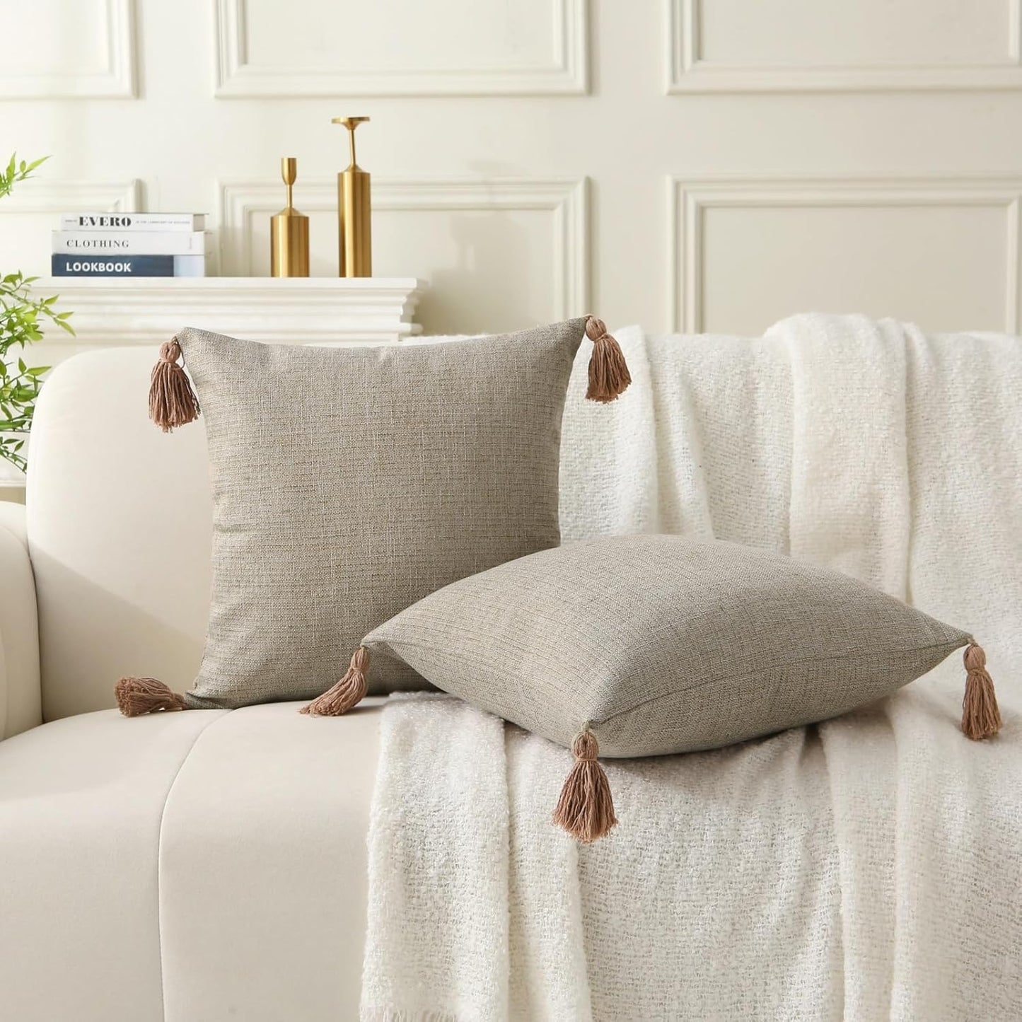 Farmhouse Neutral Throw Pillows with Tassels - Pack of 2