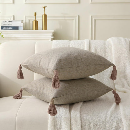Farmhouse Neutral Throw Pillows with Tassels - Pack of 2