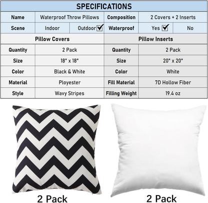 Outdoor Waterproof Striped Throw Pillow (Black Zig Zag Stripes) - Pack of 2