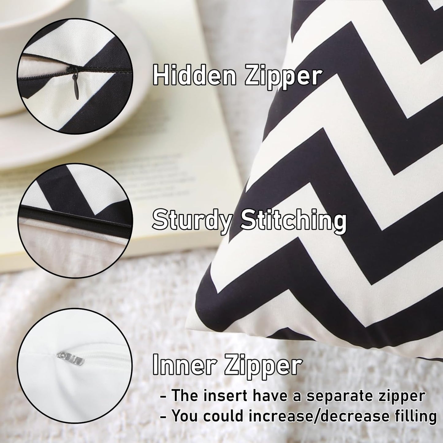 Outdoor Waterproof Striped Throw Pillow (Black Zig Zag Stripes) - Pack of 2