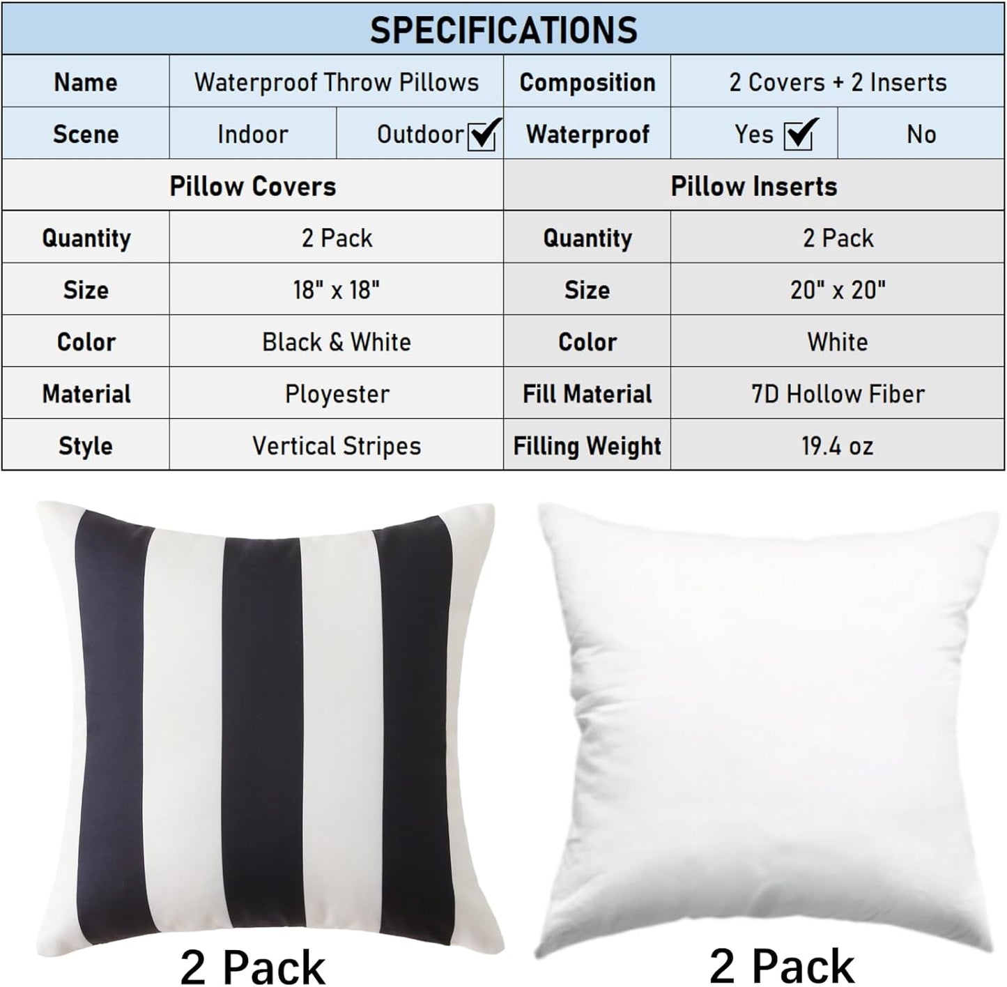 Outdoor Waterproof Striped Pillow (Black Vertical Stripes) - Pack of 2