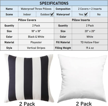 Outdoor Waterproof Striped Pillow (Black Vertical Stripes) - Pack of 2