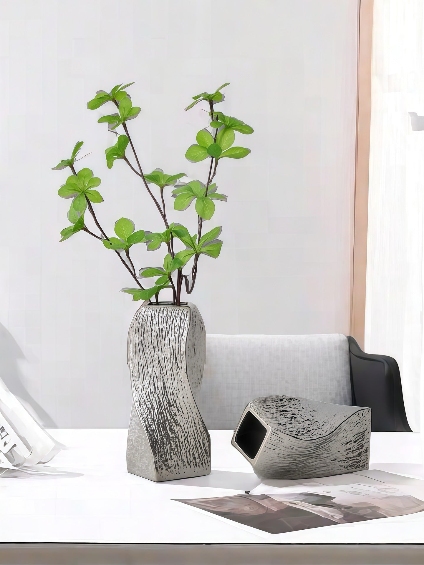 Silver Abstract Twisted Ceramic Vase