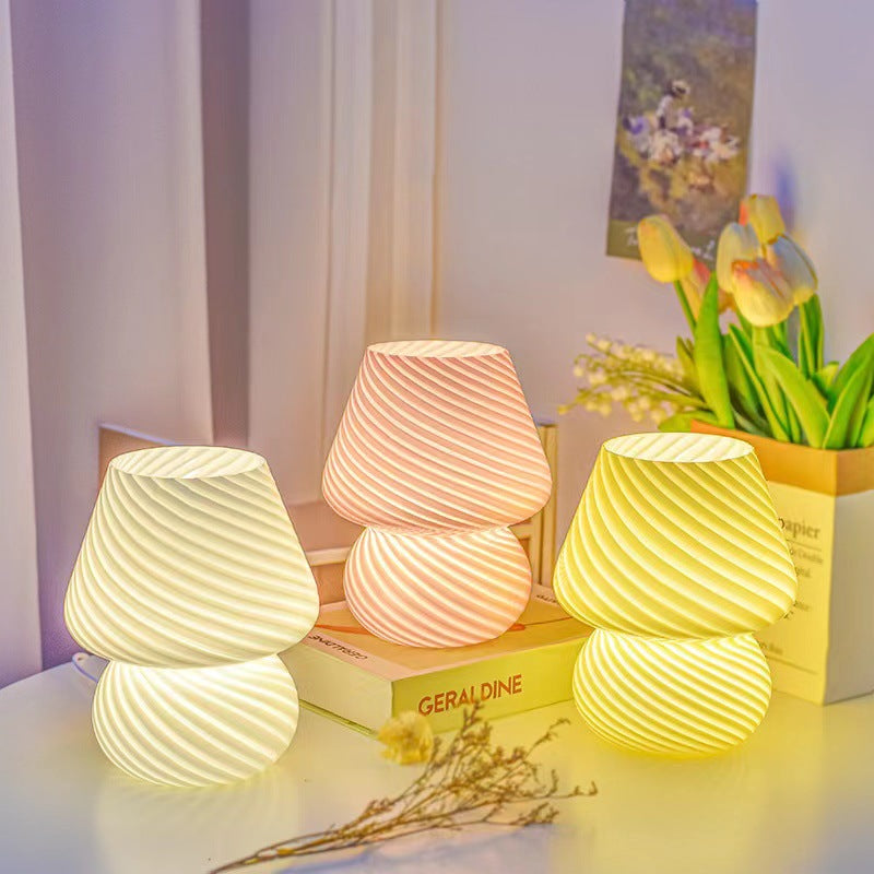 White Retro Swirl Glass Mushroom Table Lamp