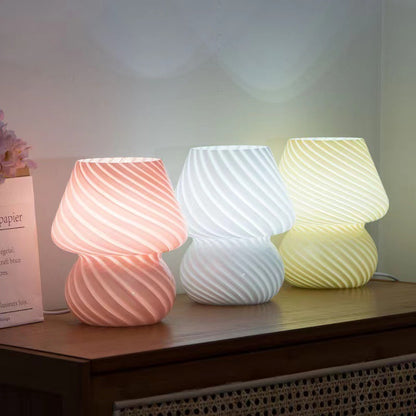 White Retro Swirl Glass Mushroom Table Lamp