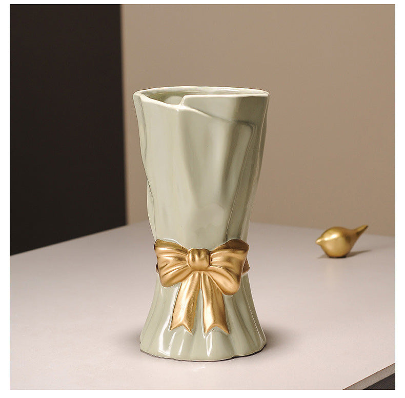 Beige Elegant Ceramic Vase with Golden Bow Accent