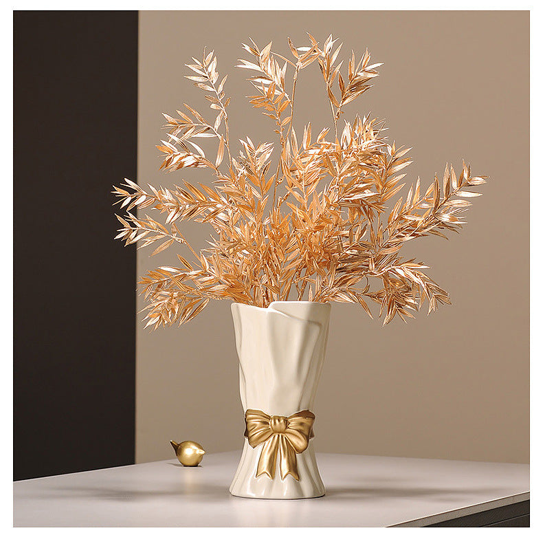 Green Elegant Ceramic Vase with Golden Bow Accent
