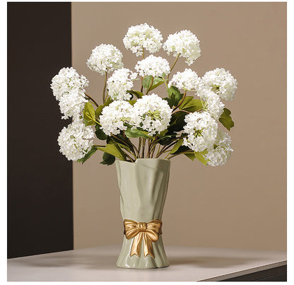 Green Elegant Ceramic Vase with Golden Bow Accent