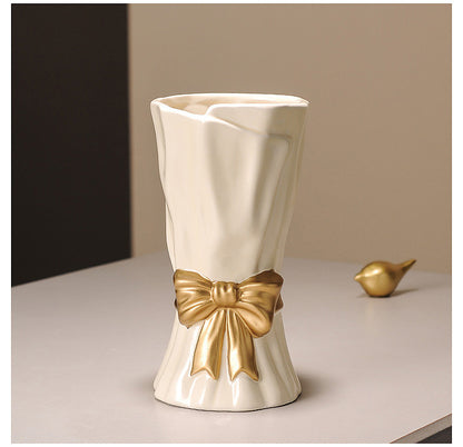 Green Elegant Ceramic Vase with Golden Bow Accent