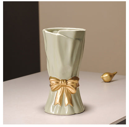 Green Elegant Ceramic Vase with Golden Bow Accent