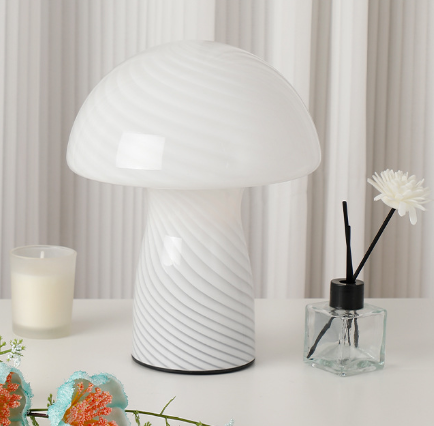 White Retro Swirl Glass Mushroom Table Lamp