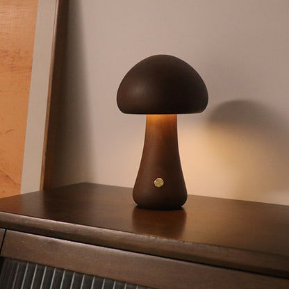 Dark Brown Solid Wood Tall Mushroom LED Table Lamp