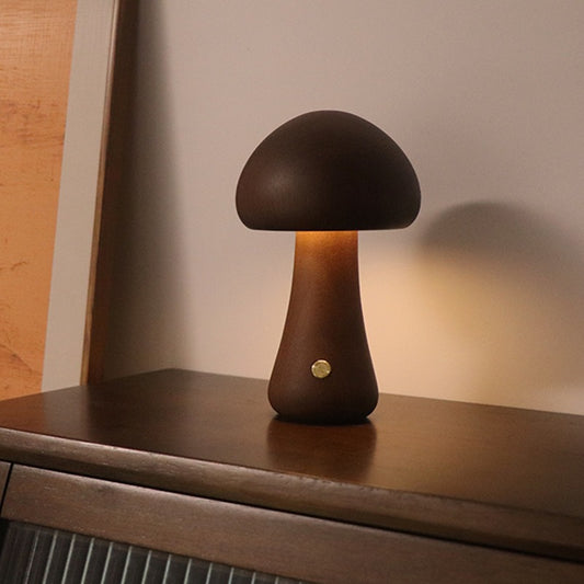 Dark Brown Solid Wood Tall Mushroom LED Table Lamp