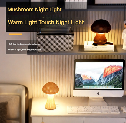 Dark Brown Solid Wood Tall Mushroom LED Table Lamp