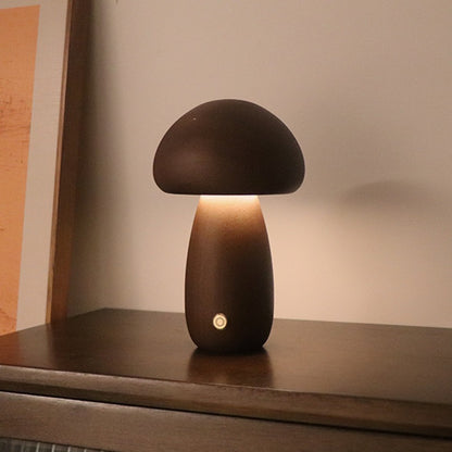 Dark Brown Solid Wood Mushroom LED Table Lamp