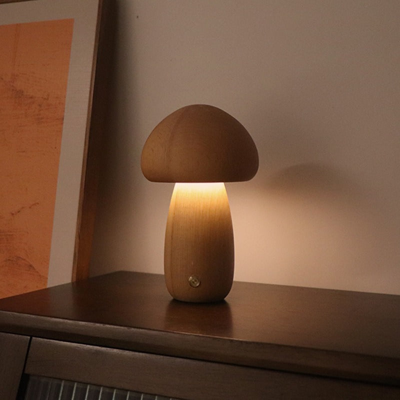 Brown Solid Wood Mushroom LED Table Lamp