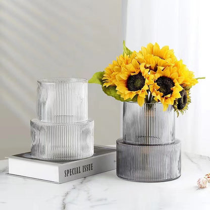 Grey Modern Two-Tier Ribbed Glass Vase