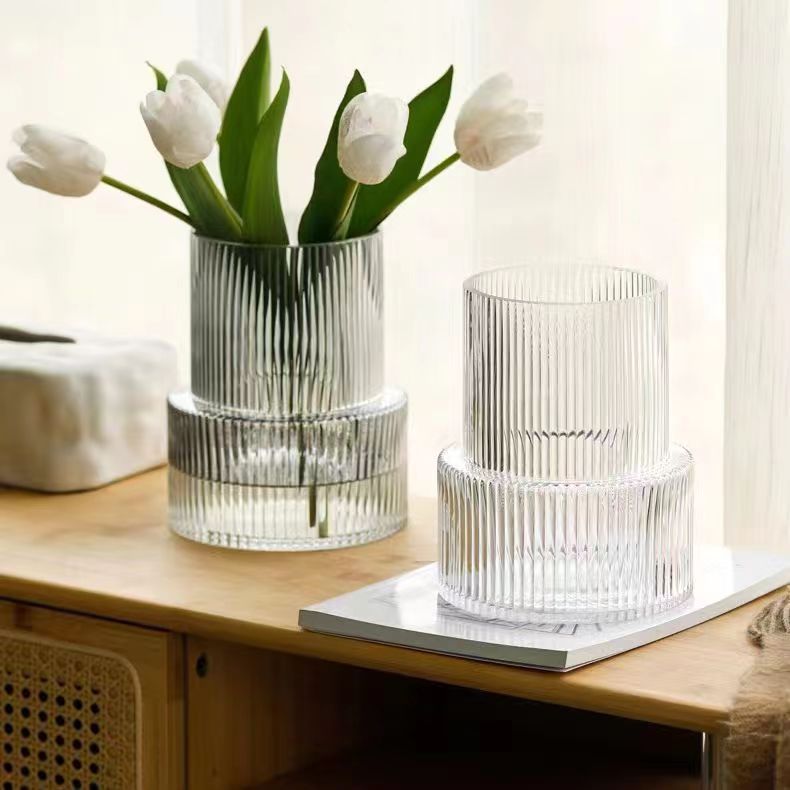 Grey Modern Two-Tier Ribbed Glass Vase