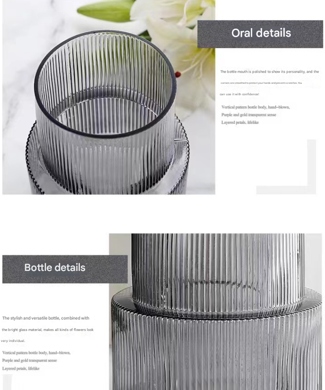 Grey Modern Two-Tier Ribbed Glass Vase