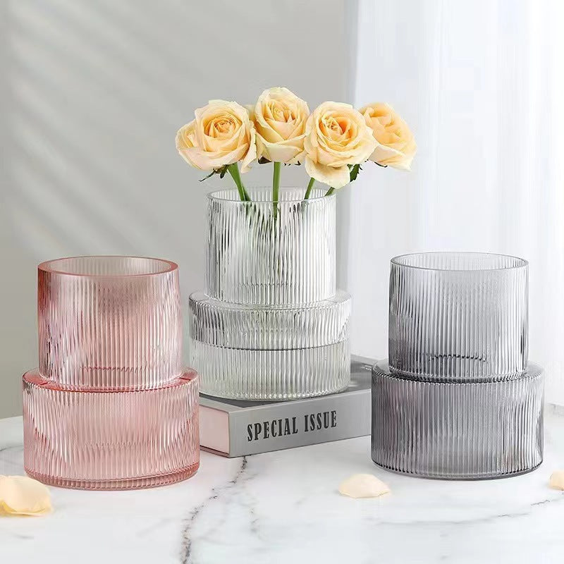 Pink Modern Two-Tier Ribbed Glass Vase