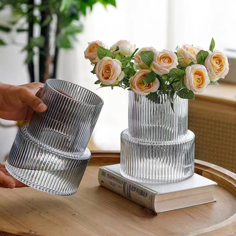 Pink Modern Two-Tier Ribbed Glass Vase