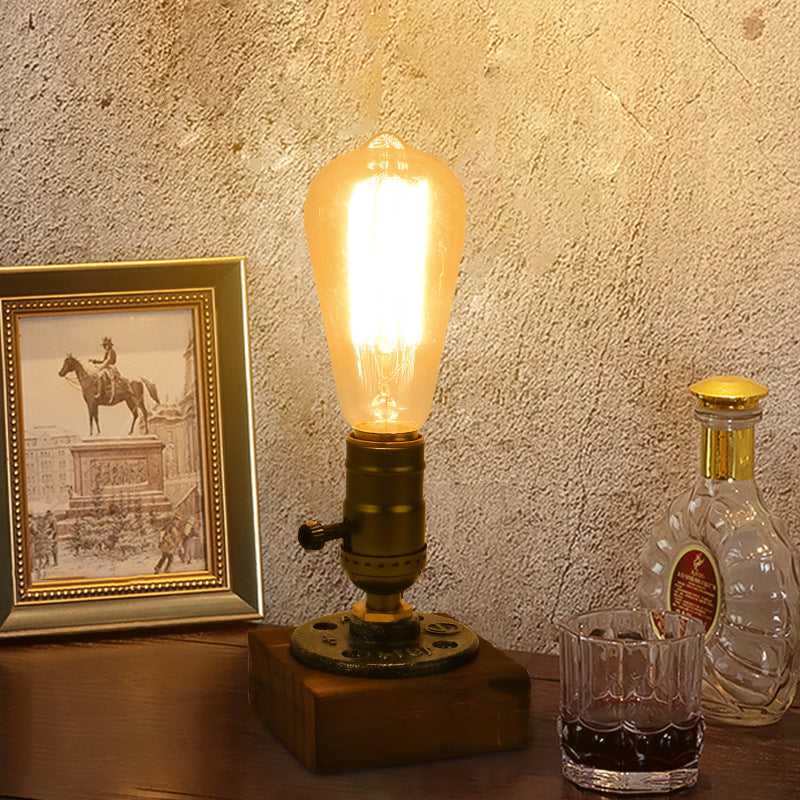 Rustic Industrial Table Lamp - Vintage Wooden Base
