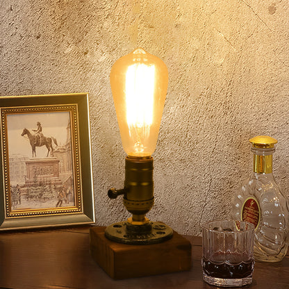 Rustic Industrial Table Lamp - Vintage Wooden Base