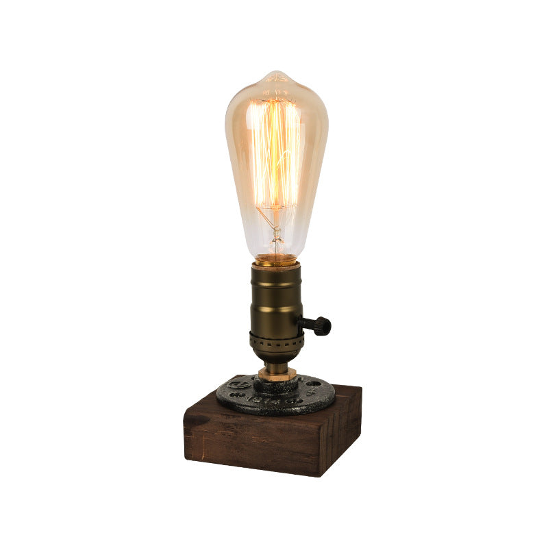 Rustic Industrial Table Lamp - Vintage Wooden Base