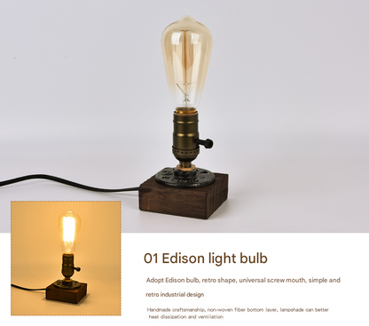 Rustic Industrial Table Lamp - Vintage Wooden Base