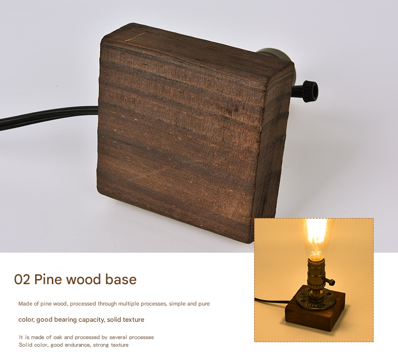 Rustic Industrial Table Lamp - Vintage Wooden Base