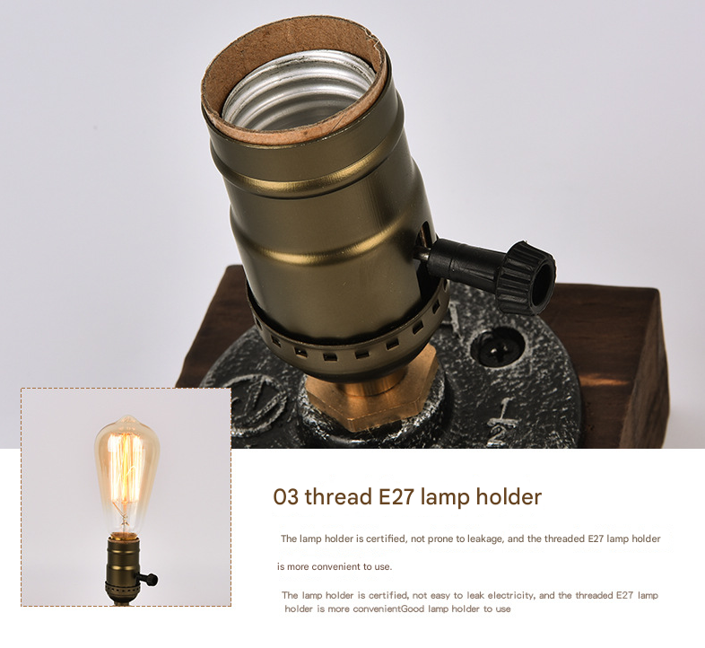 Rustic Industrial Table Lamp - Vintage Wooden Base