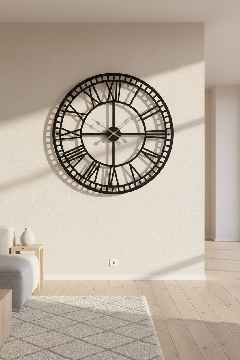 Large Roman Numerals 60cm Wall Clock Metal - Black